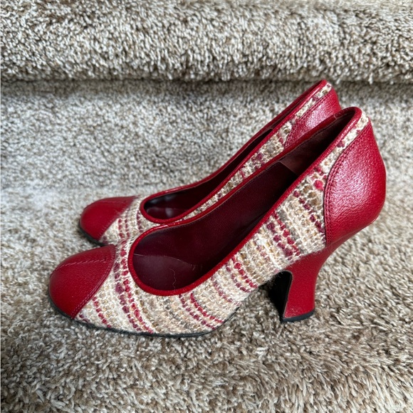 Prada Red and Cream Tweed and Leather Women's Pumps Heels - Picture 1 of 12